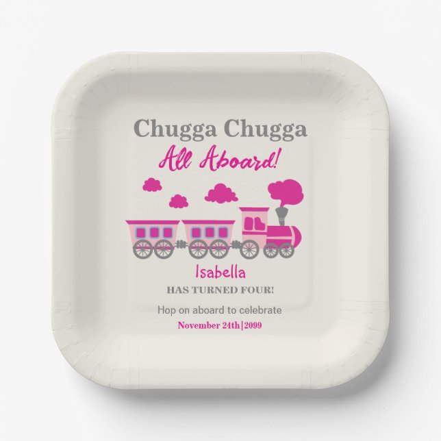 Girls Pink Train Any Age Birthday Party Paper Plate (Front)