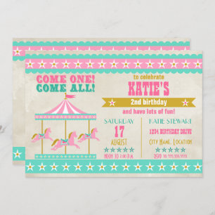 Girl's Pink Turquoise Gold Carousel Party Invitation