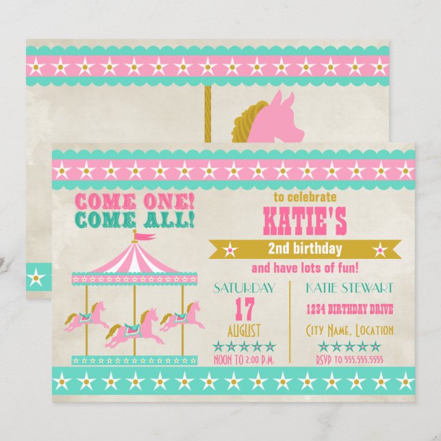 Girl's Pink Turquoise Gold Carousel Party Invitation (Front/Back)
