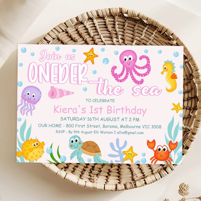 Girls Pink Under Sea Oneder the Sea 1st Birthday Invitation (Colorful Oneder the Sea Birthday Invitation Template For Girl, Under the Sea Themed 1st Birthday)