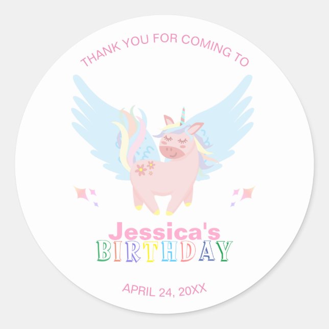 Girls Pink Unicorn Magical Day Birthday Party Classic Round Sticker (Front)