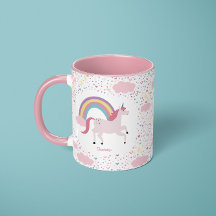 Girls Pink Unicorn Rainbow Sparkle with Name Mug