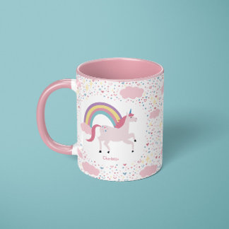 Girls Pink Unicorn Rainbow Sparkle with Name Mug