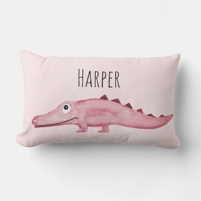 Girl's Pink Watercolor Crocodile Safari Baby Lumbar Cushion (Front)