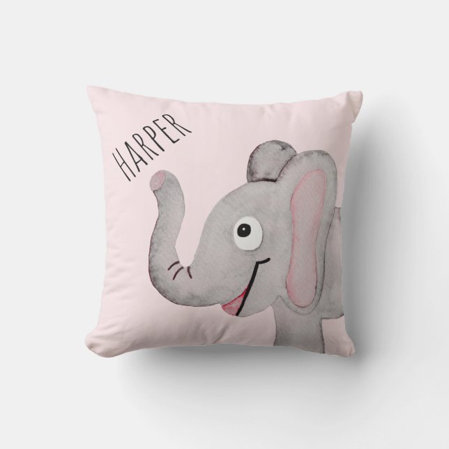 Girl's Pink Watercolor Elephant Safari Nursery Cushion (Front)