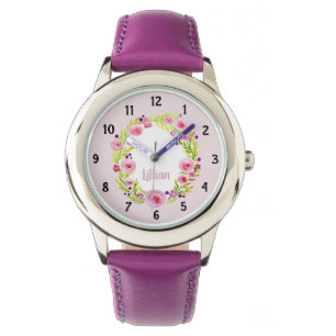 Girl's Pink Watercolor Flower Wreath and Name Watch