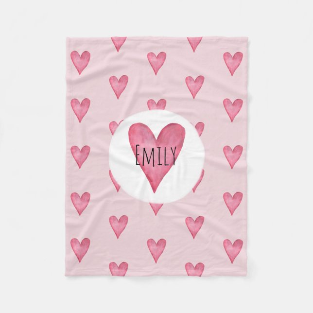 Girl's Pink Watercolor Heart and Name Children's Fleece Blanket (Front)