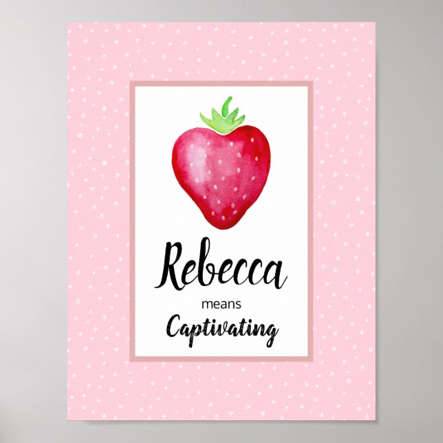 Girls Pink Watercolor Strawberry & Name Meaning Poster (Front)