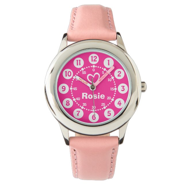 Girls pink & white short name wrist watch (Front)