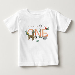 Girls Pink Wild One Woodland First Birthday Baby T-Shirt