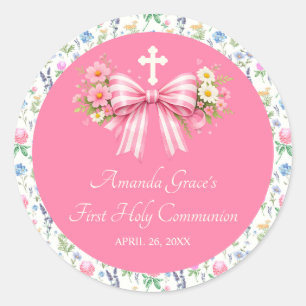 Girl's Pink Wildflower Bow First Communion Classic Round Sticker