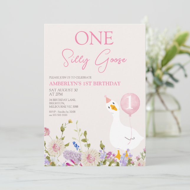 Girls Pink Wildflower One Silly Goose 1st Birthday Invitation (Standing Front)