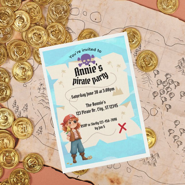 Girls Pirate Map Birthday Party Invitation (Creator Uploaded)