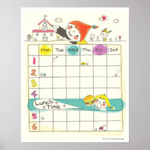 Girls playing by school and timetable poster