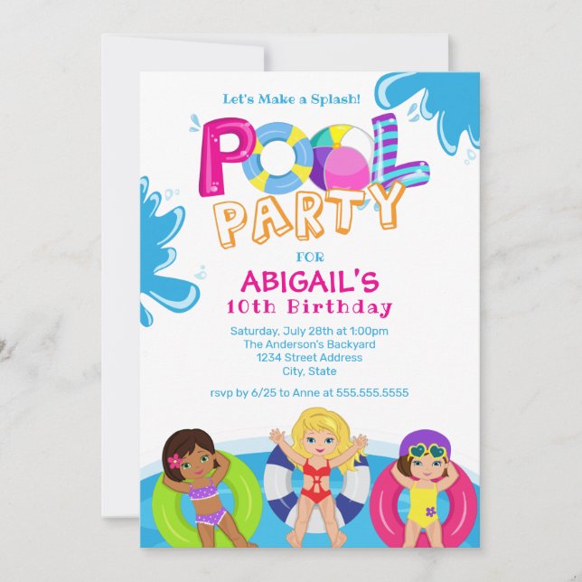 Girls Pool Party 10th Birthday Invitation (Front)
