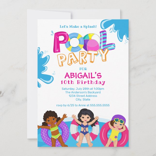 Girls Pool Party 10th Birthday Invitation (Front)