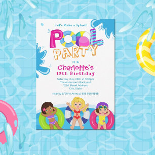 Girls Pool Party 12th Birthday Invitation