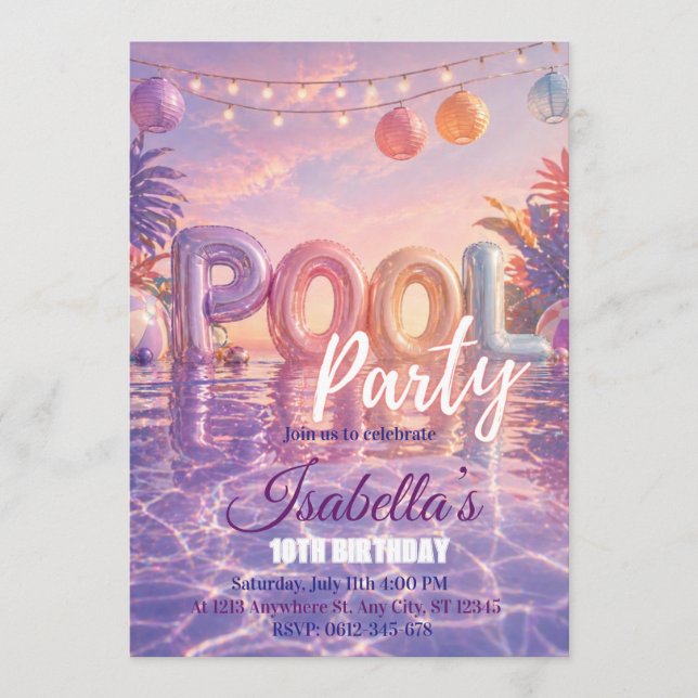 Girls Pool Party Birthday Invitation (Front)