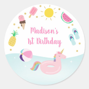 Girls Pool Party Ice Cream Birthday Classic Round Sticker