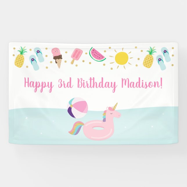 Girls Pool Party Ice Cream Sunshine Birthday Banner (Horizontal)