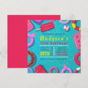 GIRLS POOL SWIM FLOATS Birthday Party Invitation