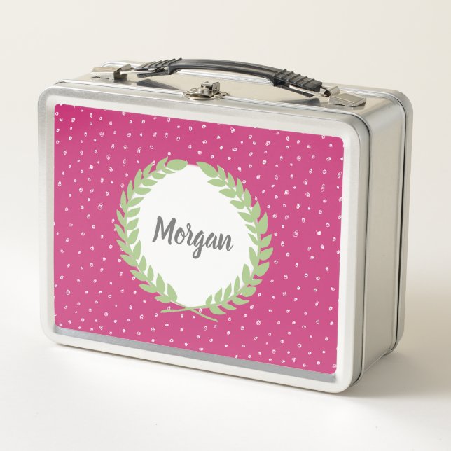 Girls Popcorn Polka Dot Pattern With Wreath & Name Metal Lunch Box (Front)