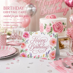 Girls Pretty Happy Birthday Silver Pink Floral  Card