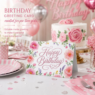 Girls Pretty Happy Birthday Silver Pink Floral Card