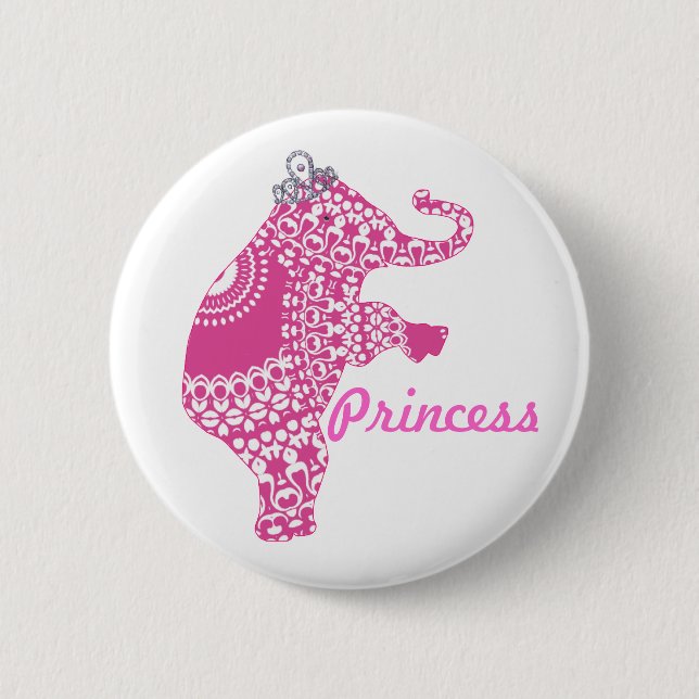 Girls Pretty Pink Princess Elephant Button Badge (Front)