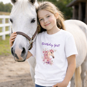 Girls Pretty Ponies Pastel Floral Horse Birthday T-Shirt