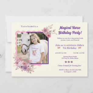 Girls Pretty Ponies Pastel Floral Horse Invitation