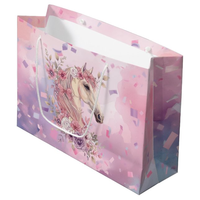 Girls Pretty Ponies Pastel Floral Horse Large Gift Bag (Front Angled)