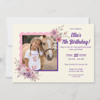 Girls Pretty Ponies Pastel Floral Horse Photo Invitation