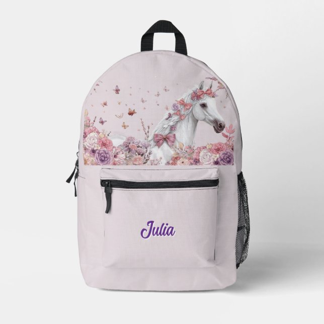 Girls Pretty Ponies Pastel Floral Horse Printed Backpack (Front)