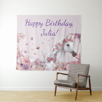 Girls Pretty Ponies Pastel Floral Horse Tapestry