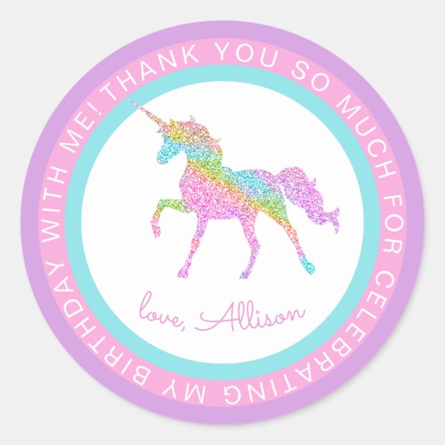 Girls Pretty Unicorn Name Birthday Thank You Classic Round Sticker (Front)