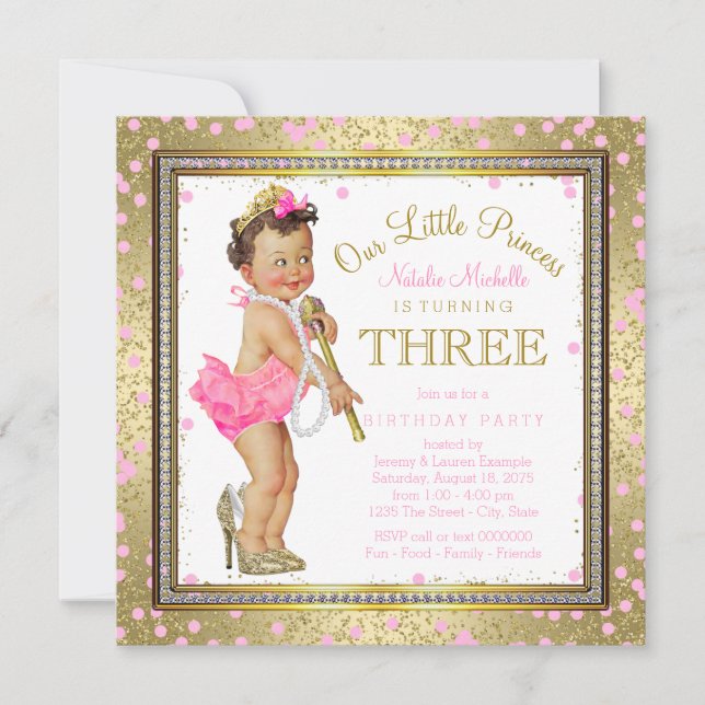 Girls Princess 3rd Birthday Party Pink Gold Invitation (Front)