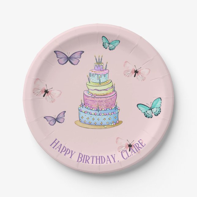 Girl's Princess Party, Butterflies and Cake Paper Plate (Front)