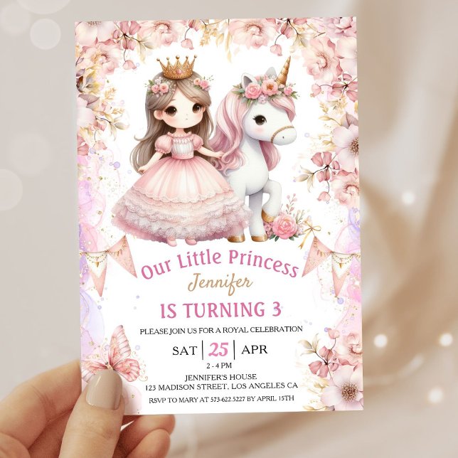 Girls Princess Unicorn 3rd Birthday Invitation (Creator Uploaded)
