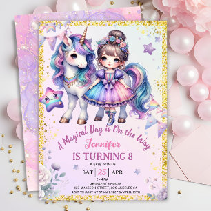 Girls Princess Unicorn 8th Birthday Purple Gold Invitation