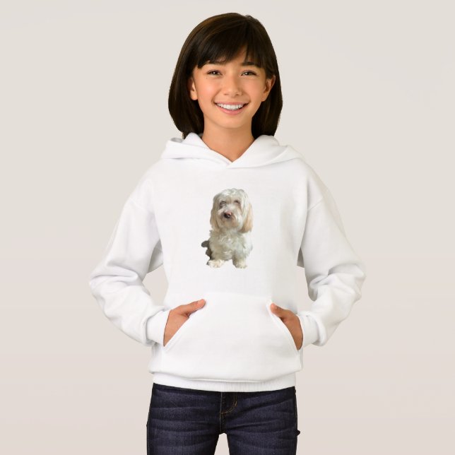 Girls Pullover Hoodie White Havanese (Front Full)