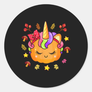 Girls Pumpkin Cute Unicorn Pumpkin Fall Autumn Ki Classic Round Sticker
