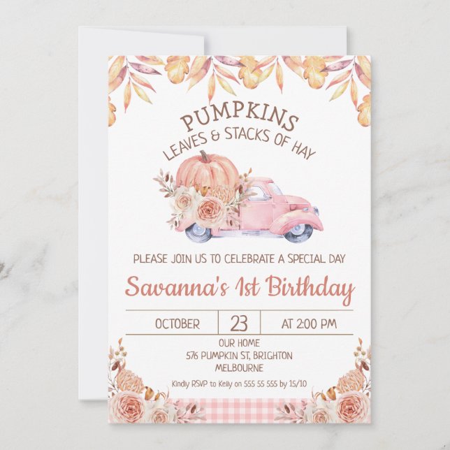 Girls Pumpkin Truck Autumn Foliage Floral Birthday Invitation (Front)