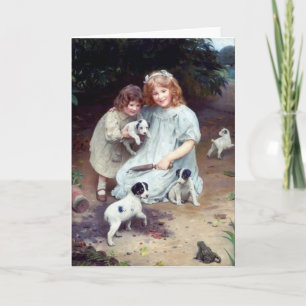 girls puppies toad dogs children sisters card
