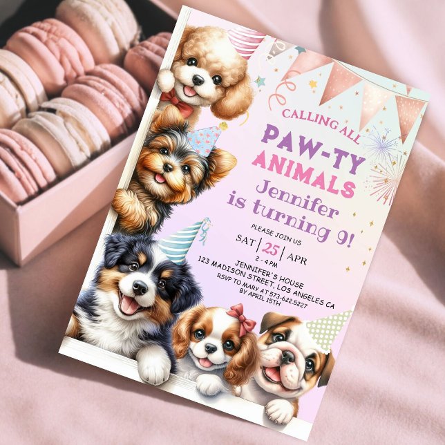 Girls Puppy Dog Pawty 9th Birthday Invitation (Creator Uploaded)