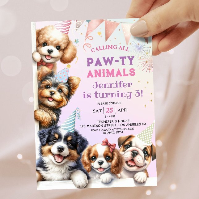 Girls Puppy Lets Pawty 3rd Birthday Invitation (Creator Uploaded)