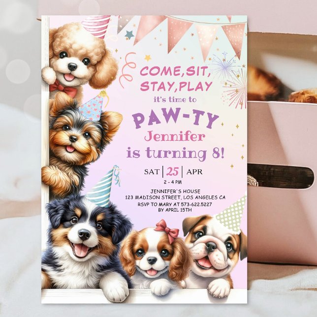 Girls Puppy Pawty 8th Birthday Party Invitation (Creator Uploaded)
