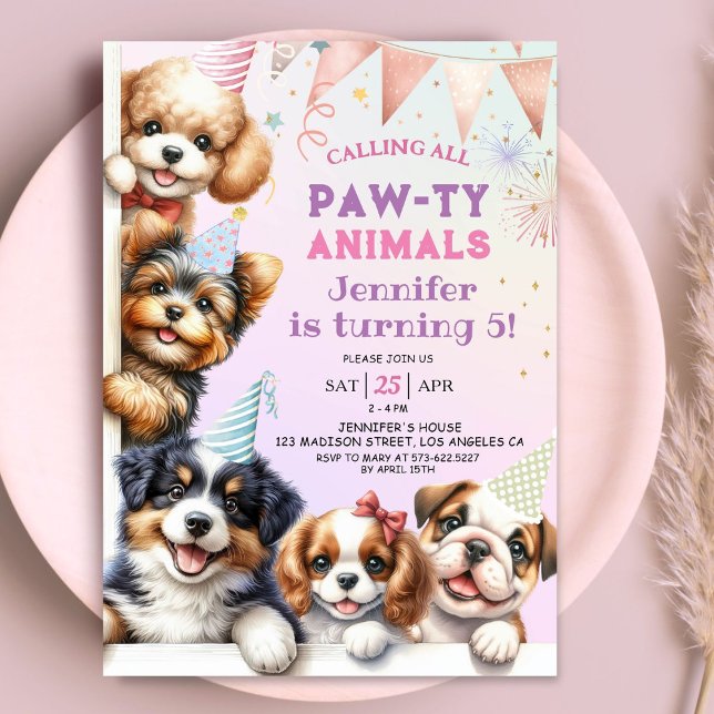 Girls Puppy Pawty Party 5th Birthday Invitation (Creator Uploaded)