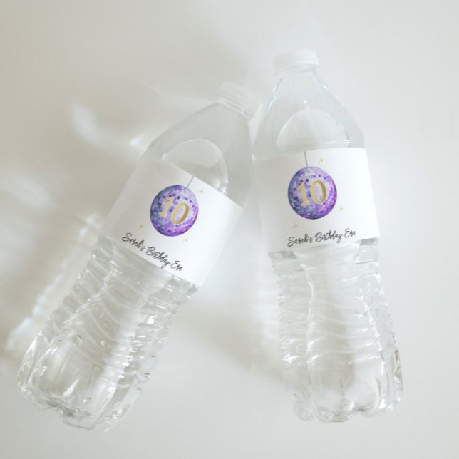 Girls Purple 10th Birthday Disco Water Station  Water Bottle Label (Creator Uploaded)