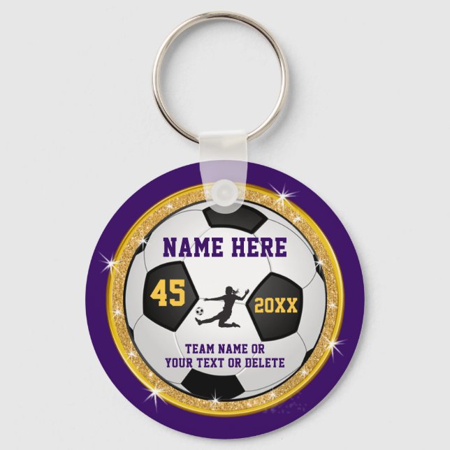 Girls Purple and Gold, Soccer Themed Party Favours Key Ring (Front)